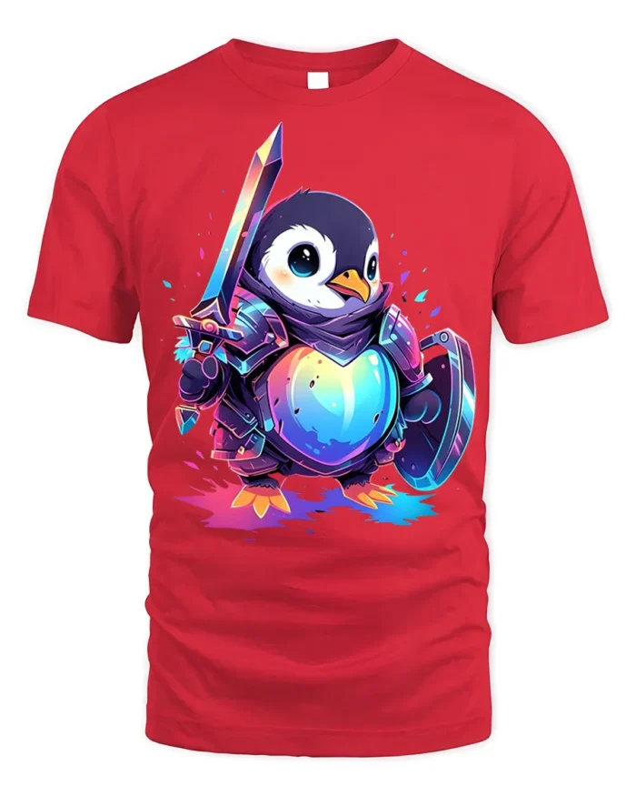 Penguin Knight Warrior T-Shirt - red t-shirt on white background