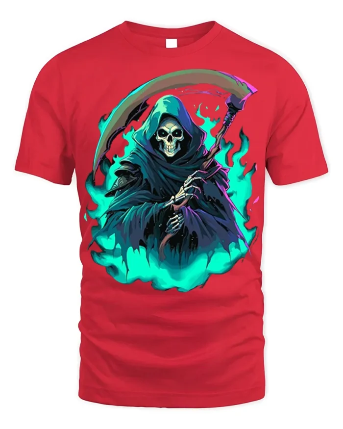 Neon Grim Reaper Flame T-Shirt - red t-shirt on white background