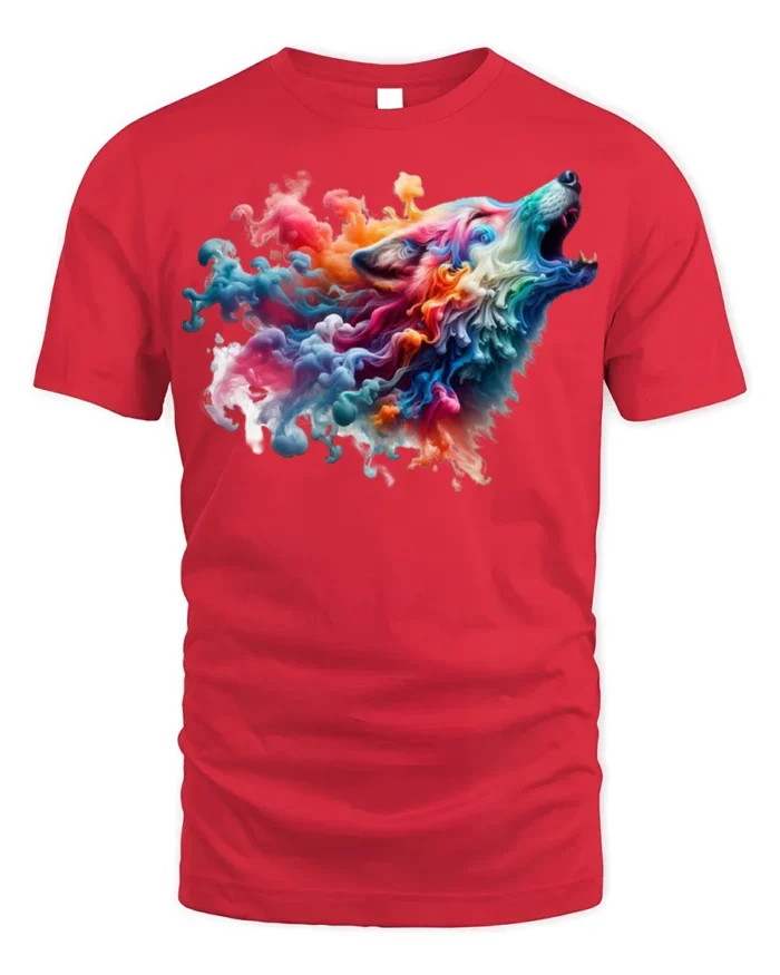 Colorful Smoke Wolf Howling T-Shirt - red t-shirt on white background