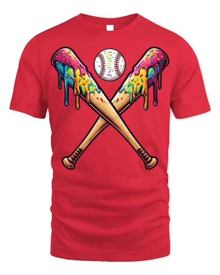Funny Baseball Bats Ice Cream T-Shirt for Summer - red t-shirt on white background