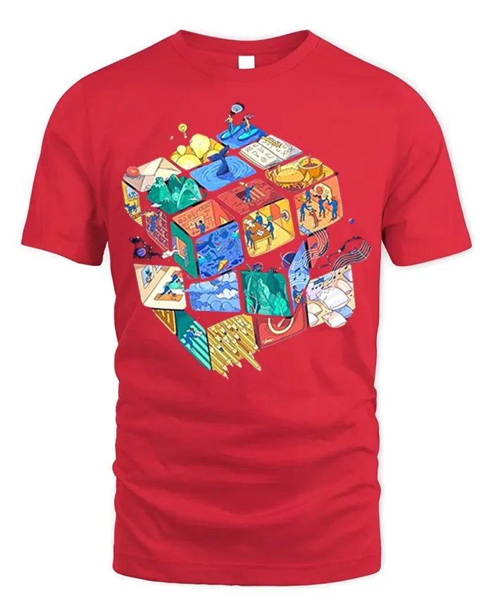 Colorful Puzzle Cube Art T-Shirt - red t-shirt on white background