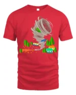 Funny Tornado Disaster Cartoon T-Shirt for Adults - red t-shirt on white background