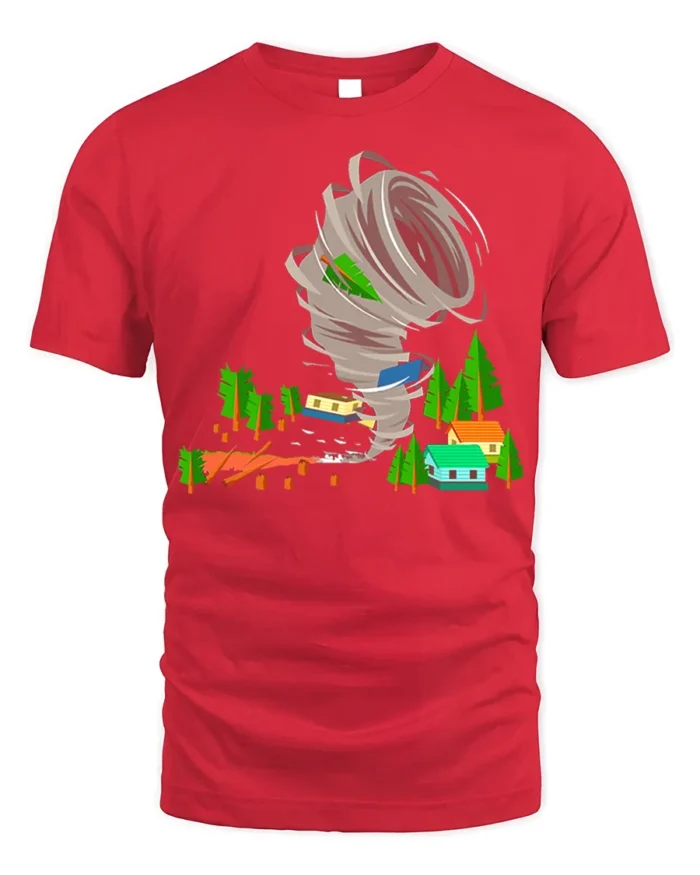 Funny Tornado Disaster Cartoon T-Shirt for Adults - red t-shirt on white background