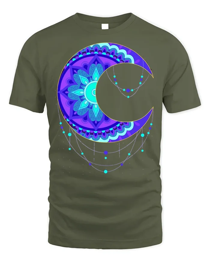Mystic Mandala Crescent Moon T-Shirt for Men - military green t-shirt on white background