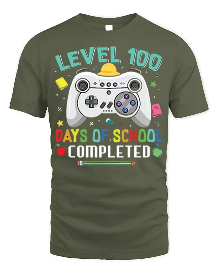 Level 100 Days of School Completed T-Shirt - military green t-shirt on white background