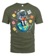 Astronaut Reading on Earth T-Shirt - military green t-shirt on white background