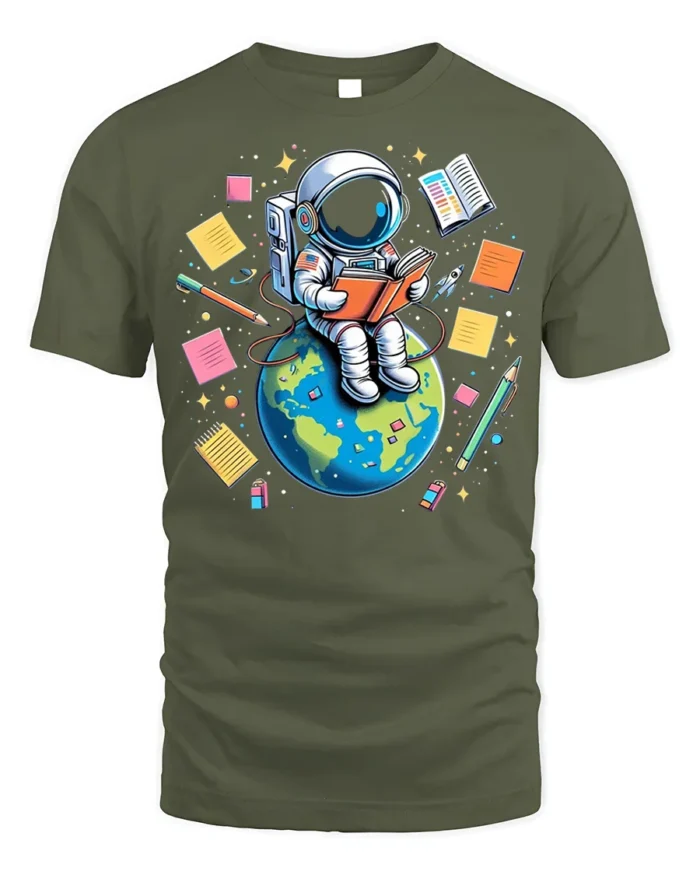 Astronaut Reading on Earth T-Shirt - military green t-shirt on white background