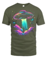 Neon UFO Alien Abduction T-Shirt - military green t-shirt on white background