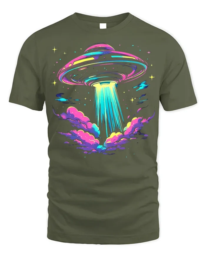Neon UFO Alien Abduction T-Shirt - military green t-shirt on white background