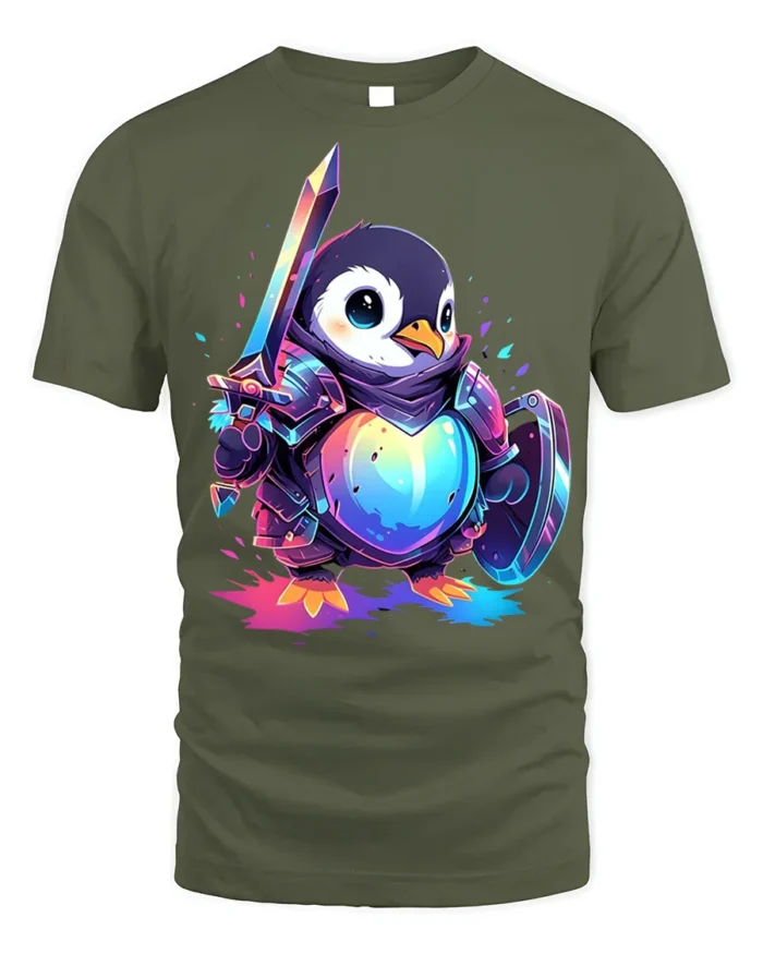 Penguin Knight Warrior T-Shirt - military green t-shirt on white background