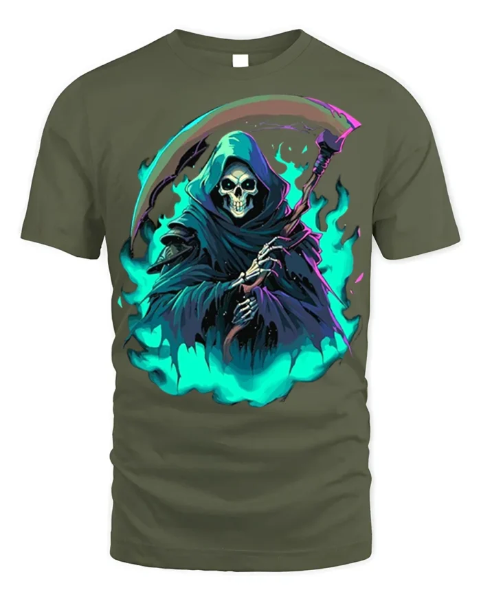 Neon Grim Reaper Flame T-Shirt - military green t-shirt on white background