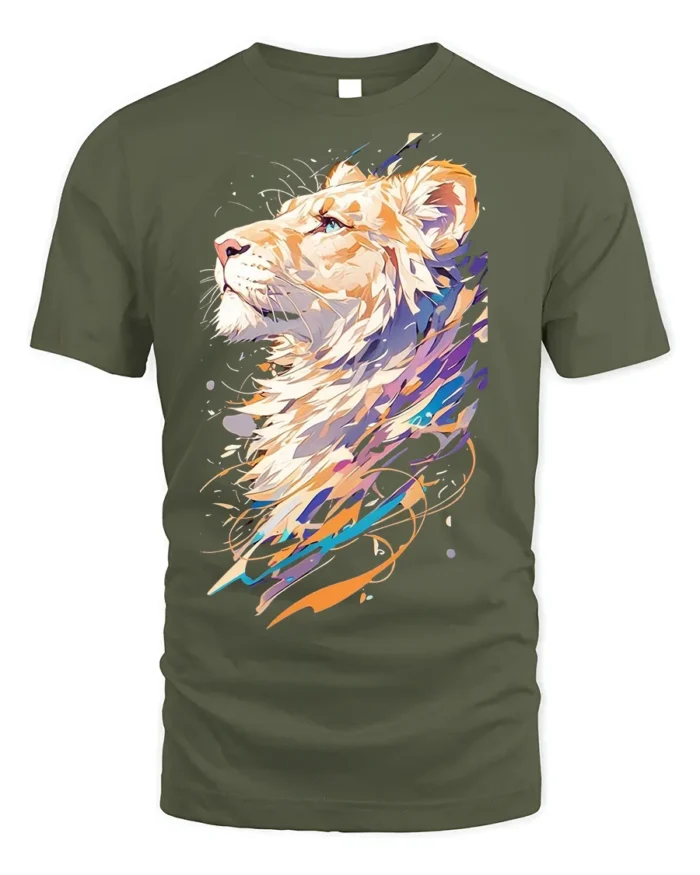 Colorful Abstract Lion Art T-Shirt - military green t-shirt on white background