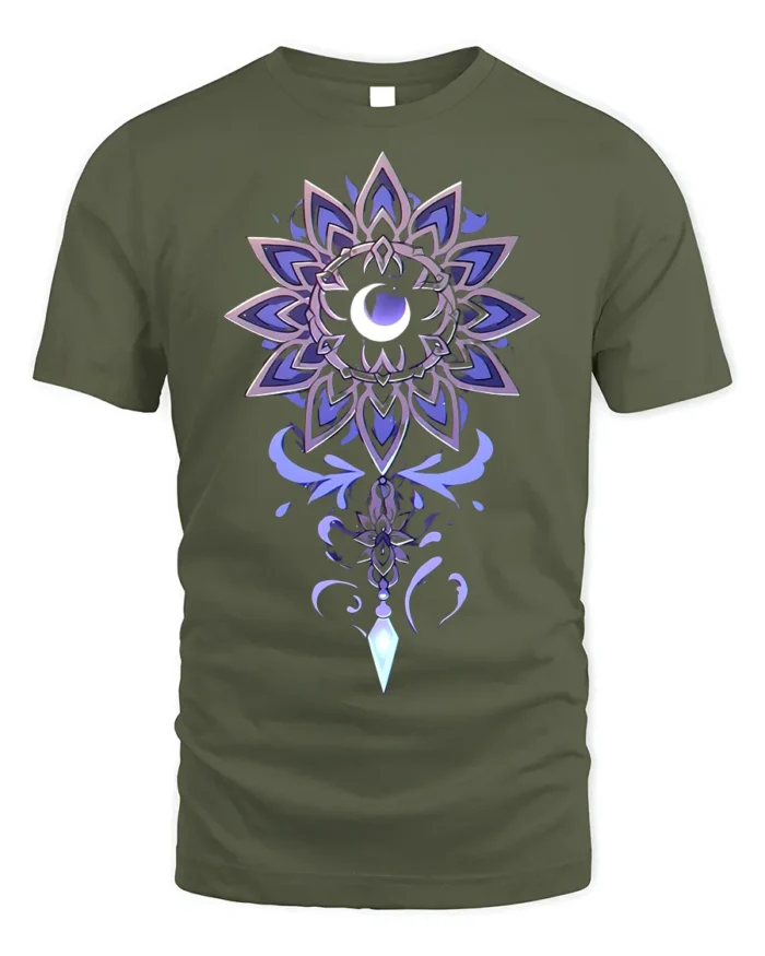Mystic Moon Mandala Crystal T-Shirt - military green t-shirt on white background