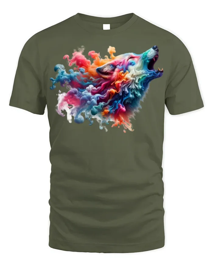 Colorful Smoke Wolf Howling T-Shirt - military green t-shirt on white background