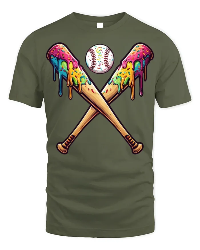 Funny Baseball Bats Ice Cream T-Shirt for Summer - military green t-shirt on white background