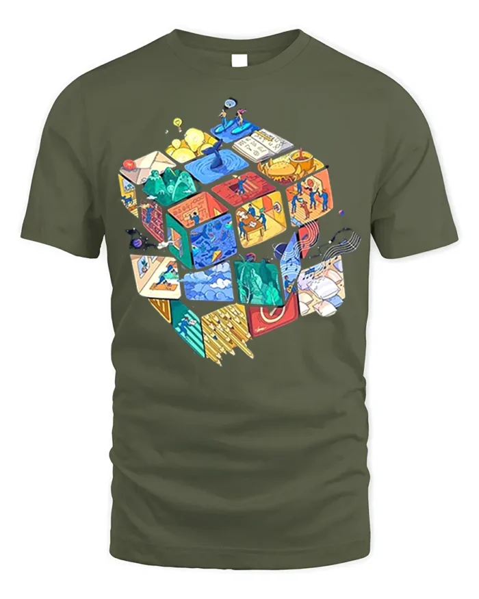 Colorful Puzzle Cube Art T-Shirt - military green t-shirt on white background