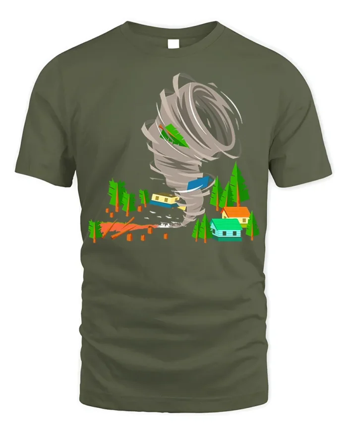 Funny Tornado Disaster Cartoon T-Shirt for Adults - military green t-shirt on white background
