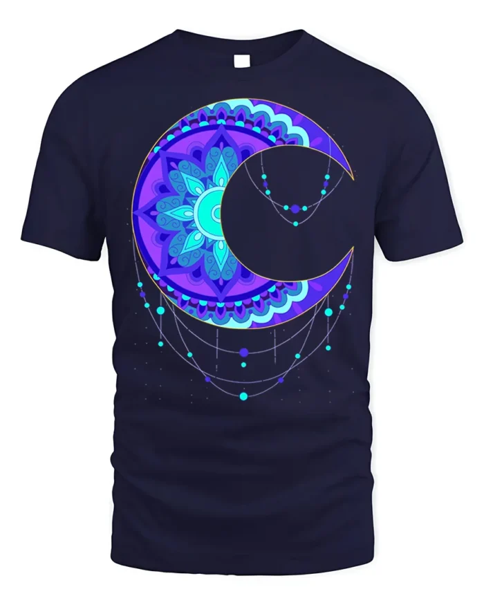 Mystic Mandala Crescent Moon T-Shirt for Men - navy t-shirt on white background