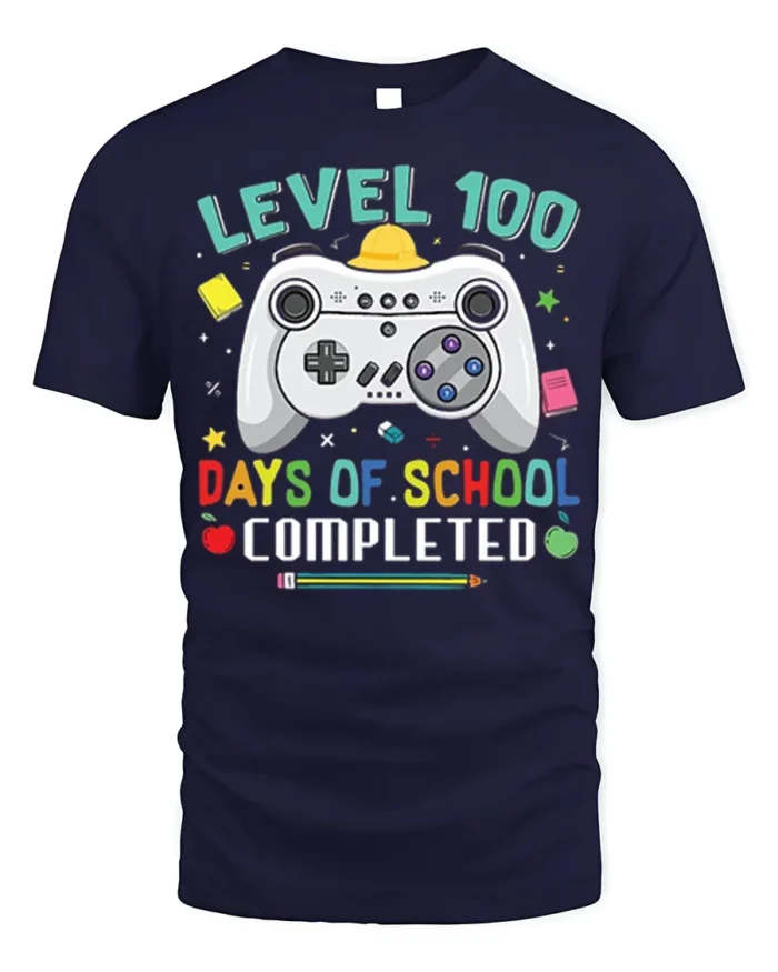 Level 100 Days of School Completed T-Shirt - navy t-shirt on white background