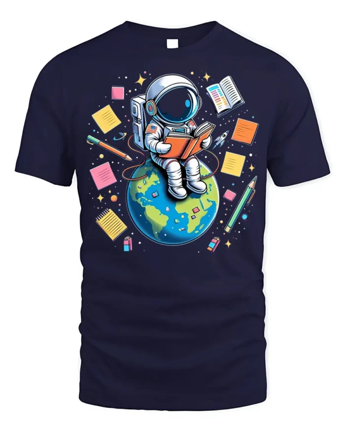 Astronaut Reading on Earth T-Shirt - navy t-shirt on white background
