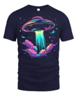 Neon UFO Alien Abduction T-Shirt - navy t-shirt on white background