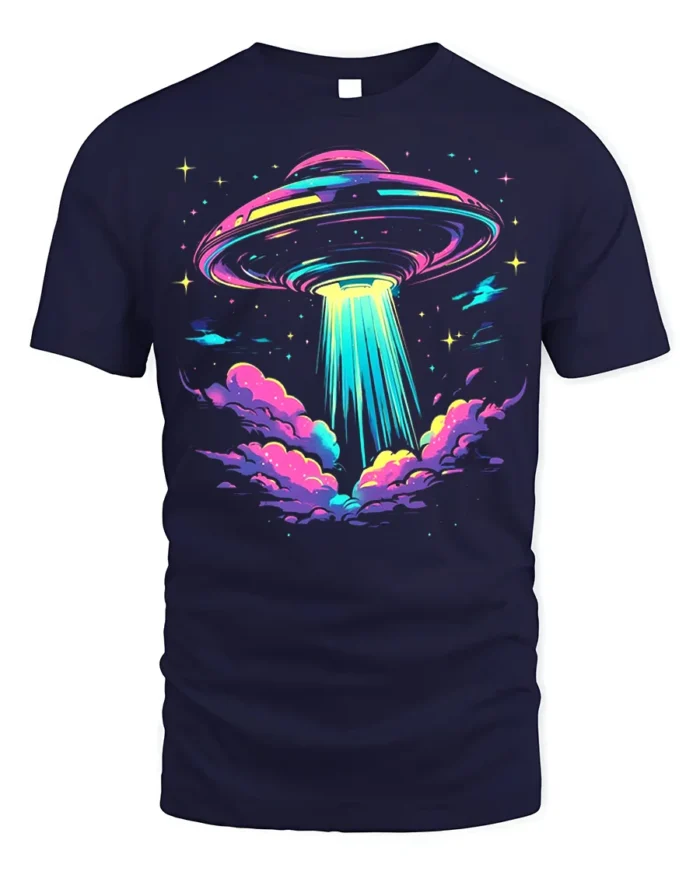 Neon UFO Alien Abduction T-Shirt - navy t-shirt on white background