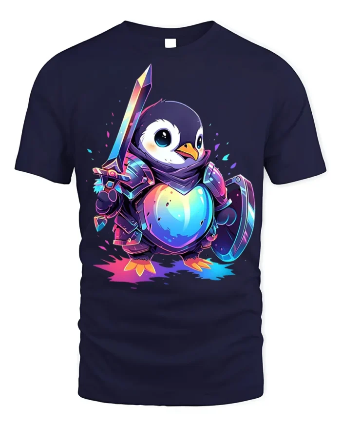 Penguin Knight Warrior T-Shirt - navy t-shirt on white background