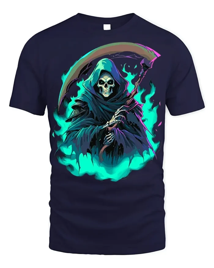 Neon Grim Reaper Flame T-Shirt - navy t-shirt on white background
