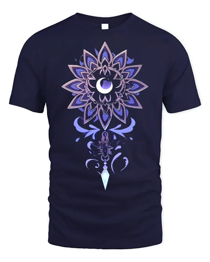 Mystic Moon Mandala Crystal T-Shirt - navy t-shirt on white background