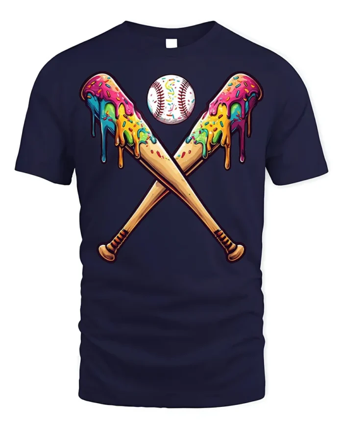 Funny Baseball Bats Ice Cream T-Shirt for Summer - navy t-shirt on white background
