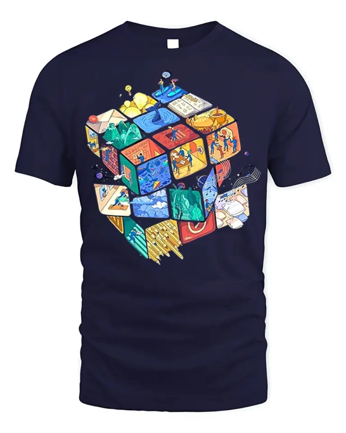 Colorful Puzzle Cube Art T-Shirt - navy t-shirt on white background