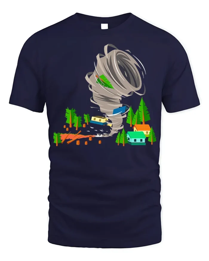 Funny Tornado Disaster Cartoon T-Shirt for Adults - navy t-shirt on white background