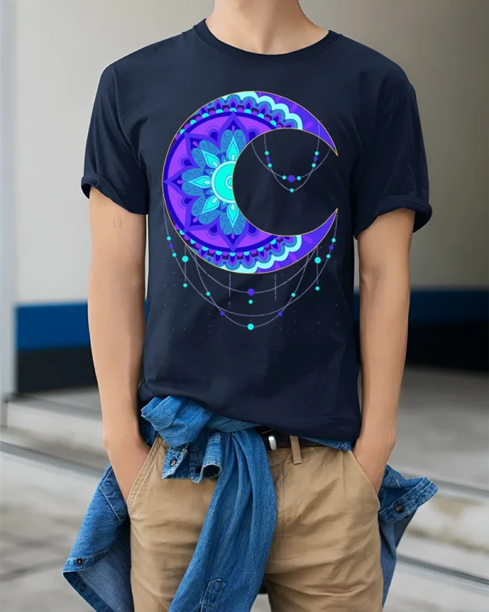 Mystic Mandala Crescent Moon T-Shirt for Men - model wearing navy shirt, hands in pockets