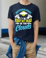 Meteorologist T-Shirt Head In The Clouds Tee - model wearing navy shirt, hands in pockets