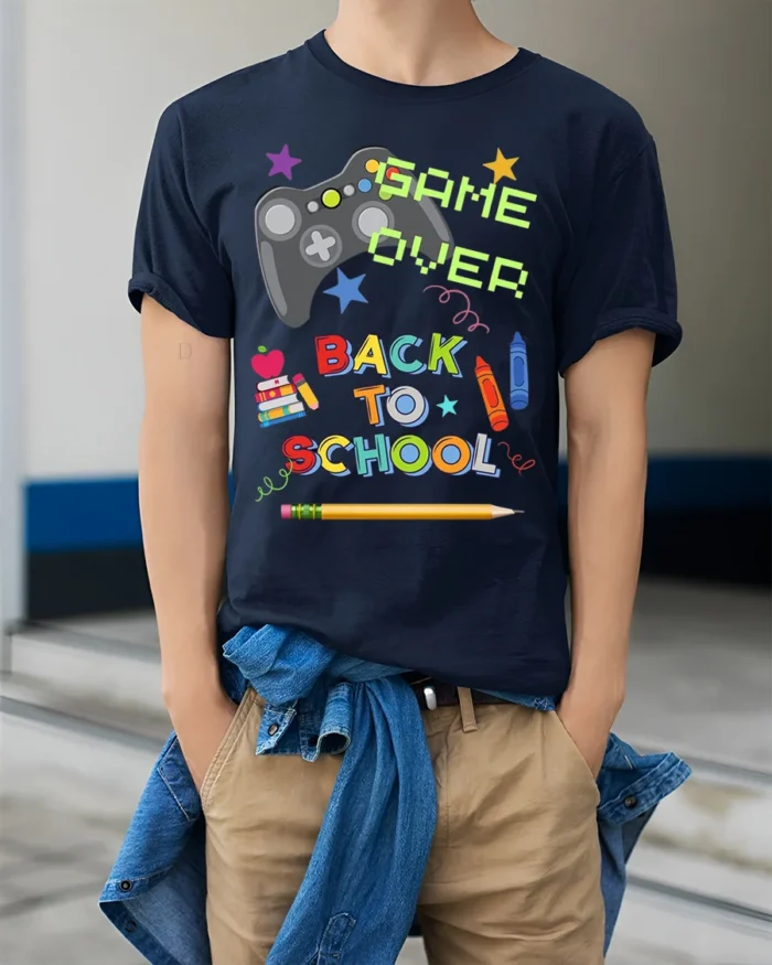 Game Over Back To School T-Shirt - model wearing navy shirt, hands in pockets