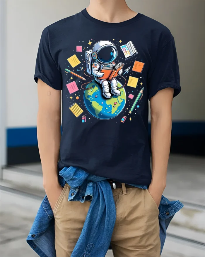 Astronaut Reading on Earth T-Shirt - model wearing navy shirt, hands in pockets