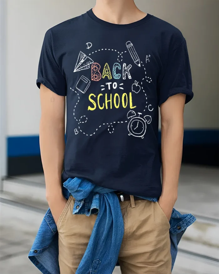 Back To School Doodle T-Shirt - model wearing navy shirt, hands in pockets