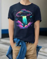 Neon UFO Alien Abduction T-Shirt - model wearing navy shirt, hands in pockets