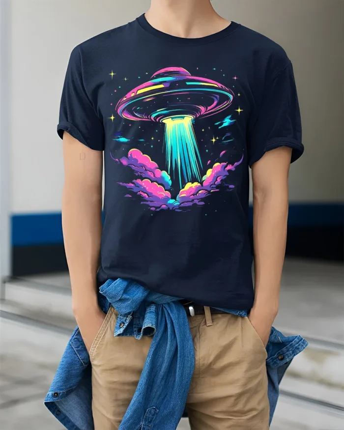 Neon UFO Alien Abduction T-Shirt - model wearing navy shirt, hands in pockets