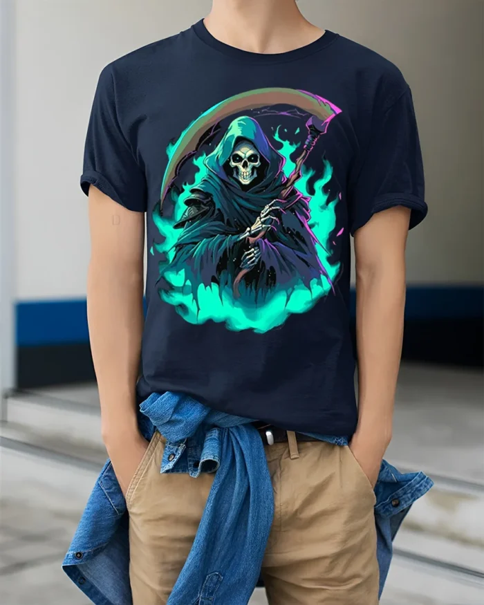 Neon Grim Reaper Flame T-Shirt - model wearing navy shirt, hands in pockets