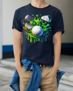 Neon Golf Ball Splash T-Shirt - model wearing navy shirt, hands in pockets