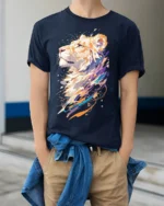 Colorful Abstract Lion Art T-Shirt - model wearing navy shirt, hands in pockets