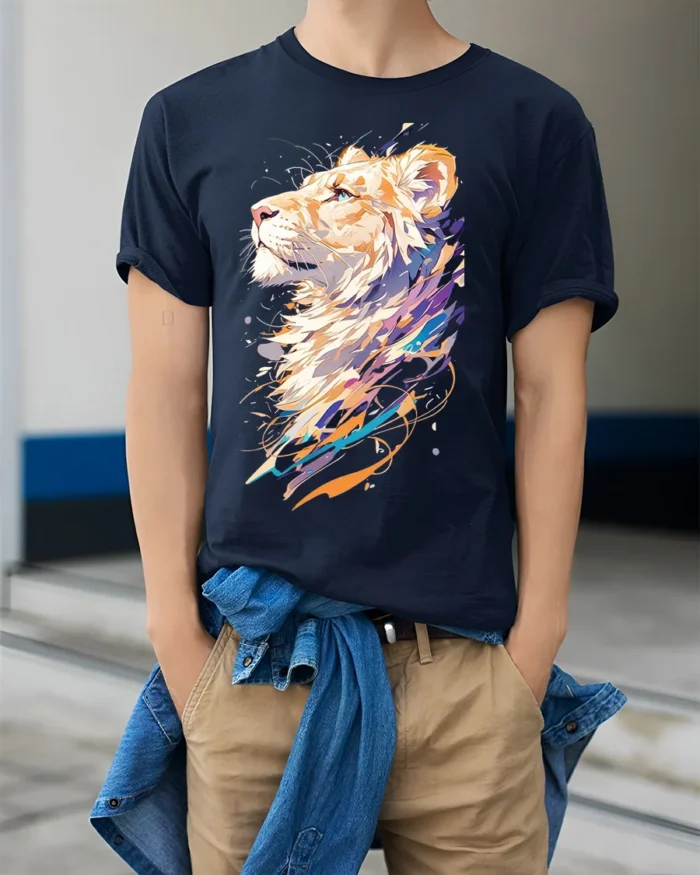 Colorful Abstract Lion Art T-Shirt - model wearing navy shirt, hands in pockets