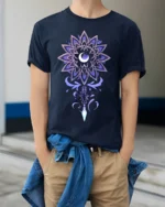 Mystic Moon Mandala Crystal T-Shirt - model wearing navy shirt, hands in pockets