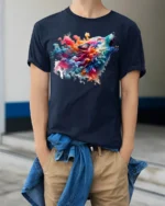 Colorful Smoke Wolf Howling T-Shirt - model wearing navy shirt, hands in pockets