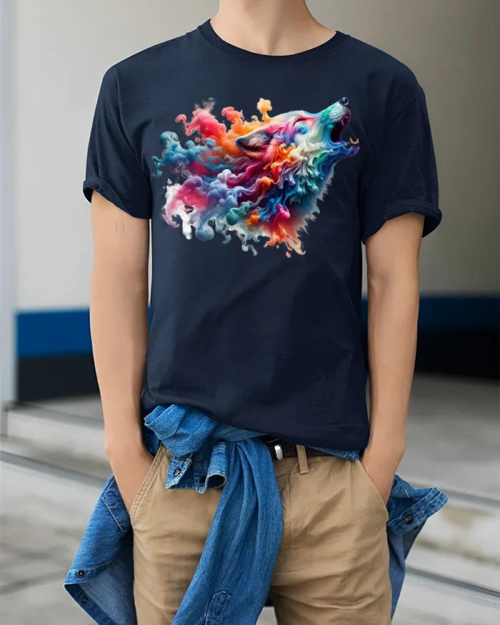 Colorful Smoke Wolf Howling T-Shirt - model wearing navy shirt, hands in pockets