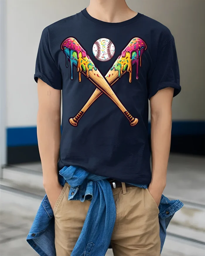 Funny Baseball Bats Ice Cream T-Shirt for Summer - model wearing navy shirt, hands in pockets