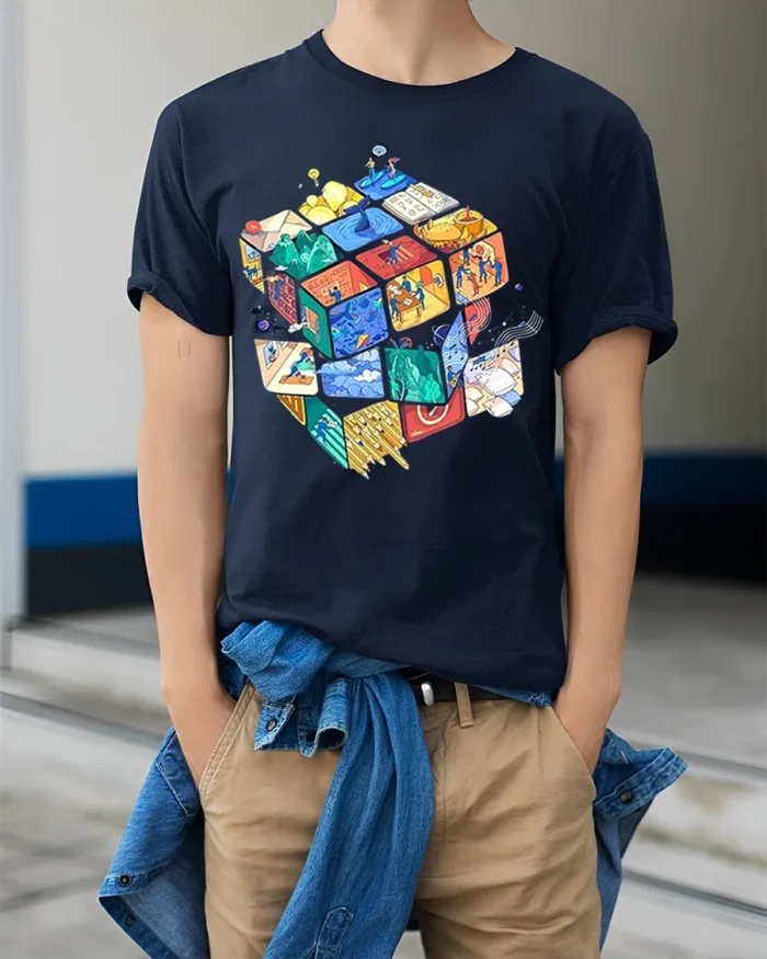 Colorful Puzzle Cube Art T-Shirt - model wearing navy shirt, hands in pockets