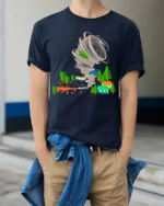 Funny Tornado Disaster Cartoon T-Shirt for Adults - model wearing navy shirt, hands in pockets