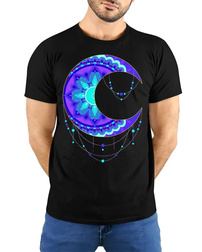 Mystic Mandala Crescent Moon T-Shirt for Men - model wearing black shirt, hands behind back